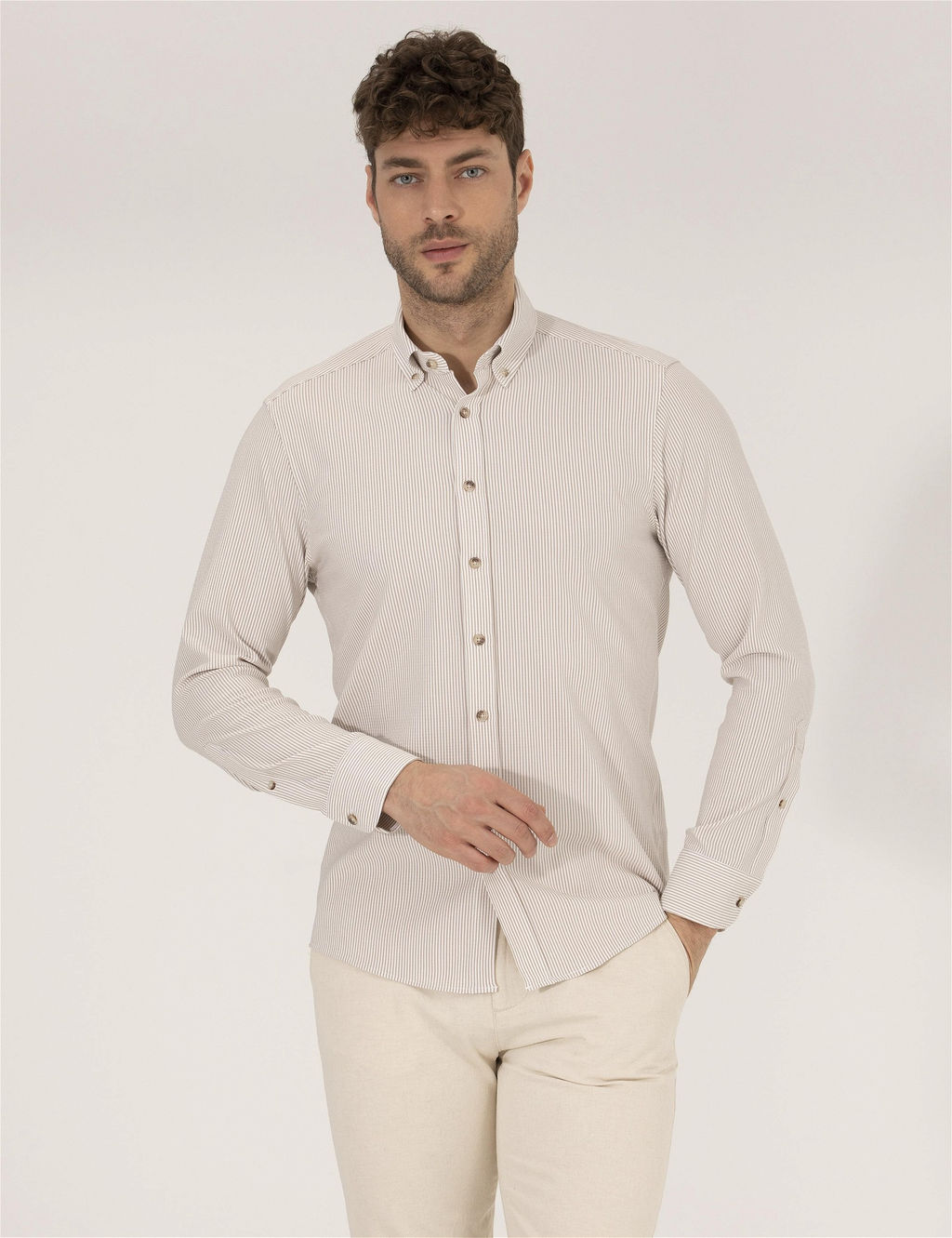 Bej Slim Fit Uzun Kollu G_mlek