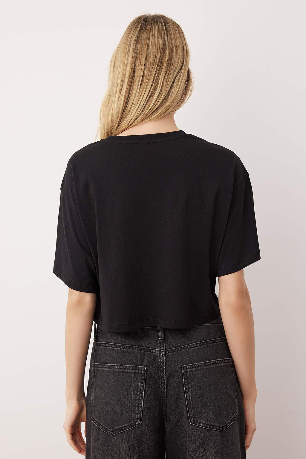 Siyah-Siyah 2li Paket %100 Pamuk Relax/Rahat Kesim Crop Orme T-Shirt TWOSS24TS00224