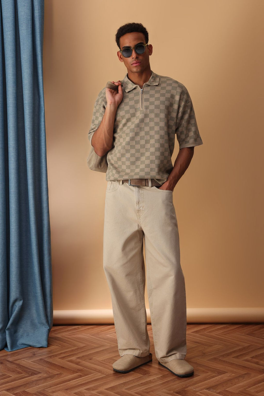 TRENDYOL MAN Vizon Oversize Polo Yaka Ekose / Kareli Triko Polo Yaka T-shirt TMNSS25PO00035