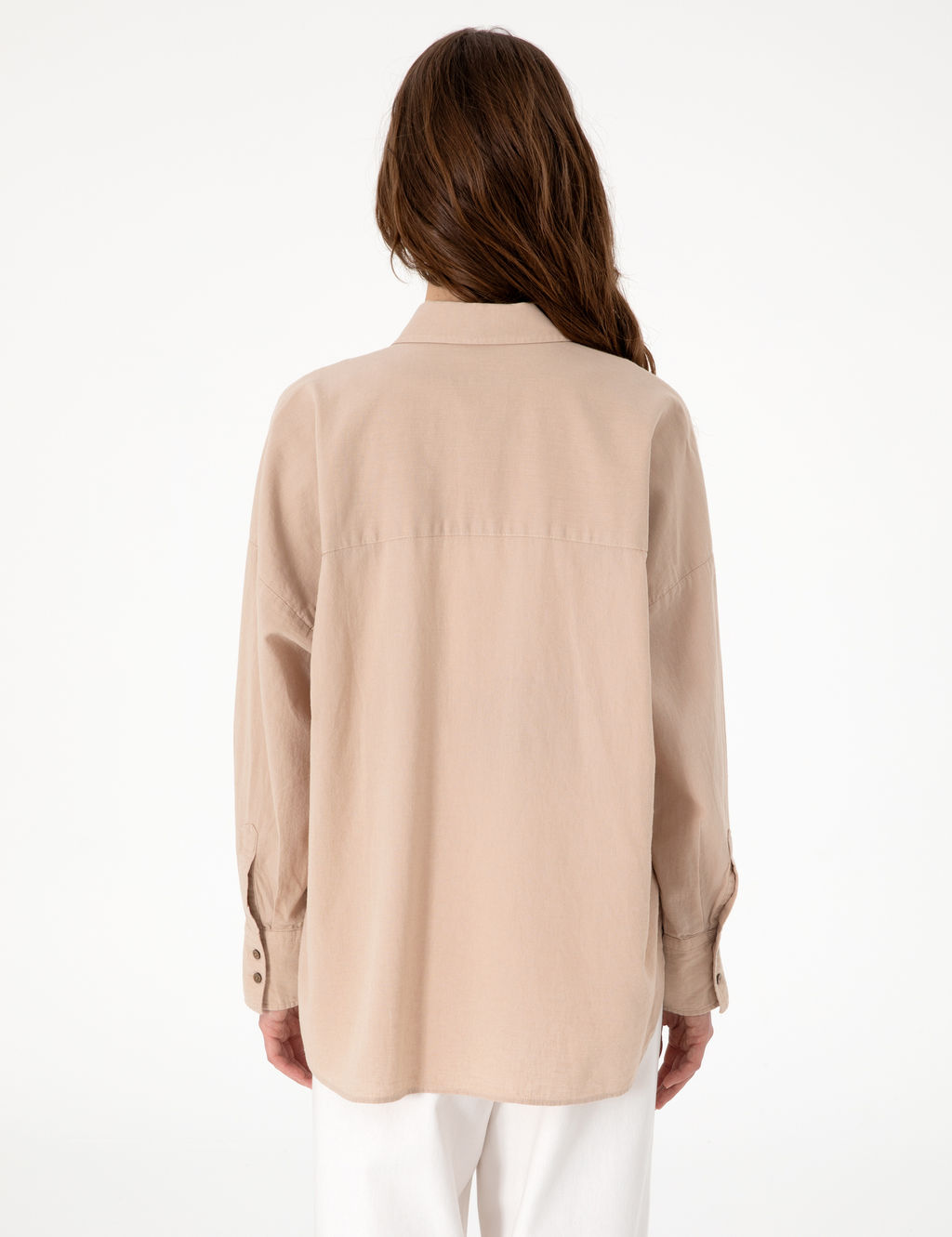 Bej Oversize Keten Kar___ml_ Uzun Kollu G_mlek