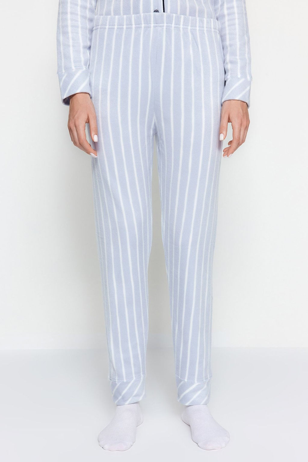 Mavi Cizgili Biye Detayl? Uyku Bantl? Polar K?sl?k Orme Pijama Tak?m? THMAW22PT0360