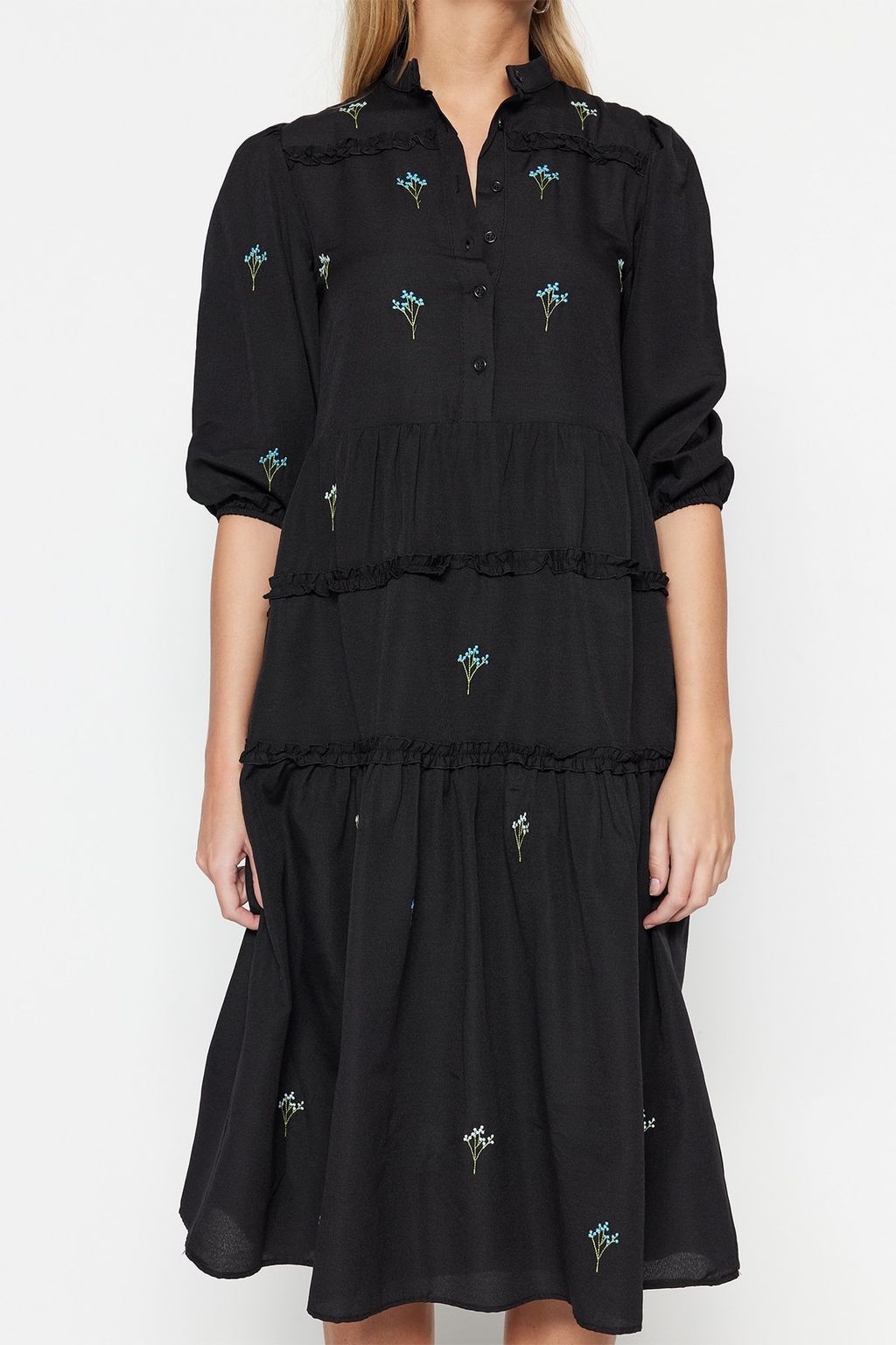 TRENDYOLMILLA Siyah Duz Kesim Nak?sl? Midi Dokuma Elbise TWOAW22EL0882  фото 8