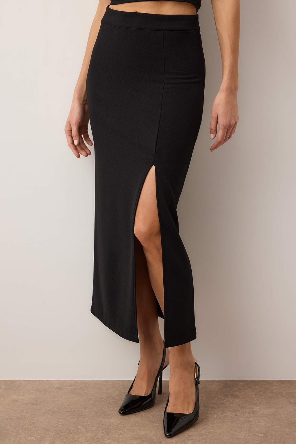 Siyah Smart Krep Y?rtmac Detayl? Maxi Yuksek Bel Esnek Orme Etek TWOSS23ET00351