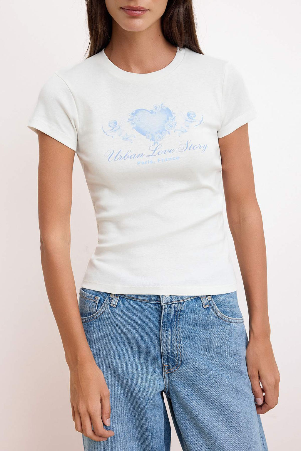 Ekru Bask?l? Fitted/Vucuda Oturan K?sa Kollu Pamuk Ribana Orme T-Shirt TWOSS26TS00166 - Trendyolmilla фото 3