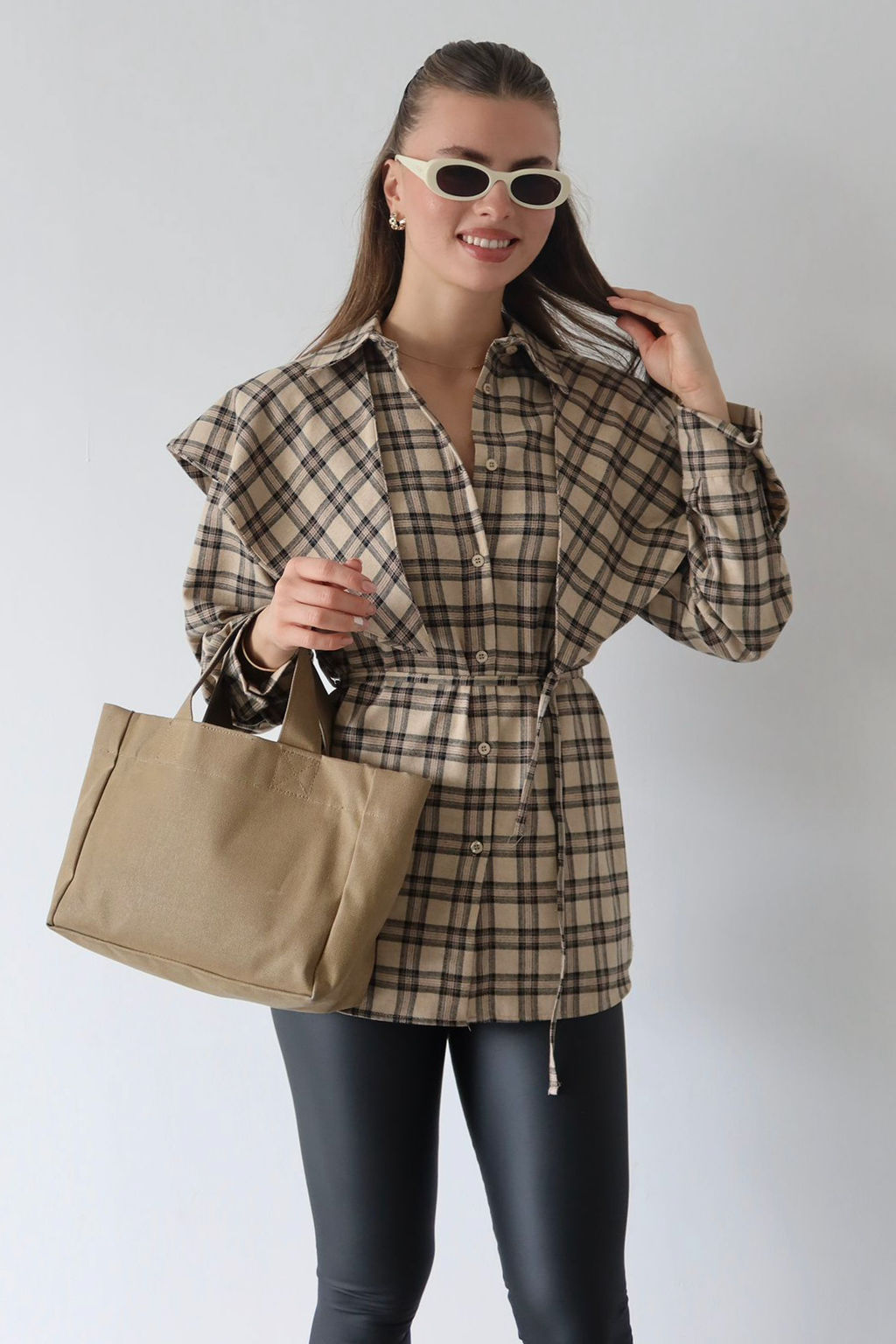 Kahverengi Ekose C?kar?labilir Sal Detayl? Gomlek TWOAW26GO00155 - Trendyolmilla фото 4