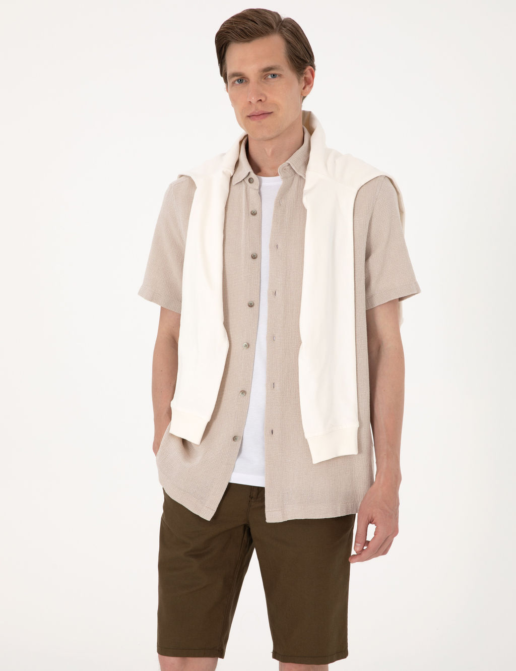 Bej Mikro Desenli %100 Pamuk Comfort Fit Rahat G_mlek