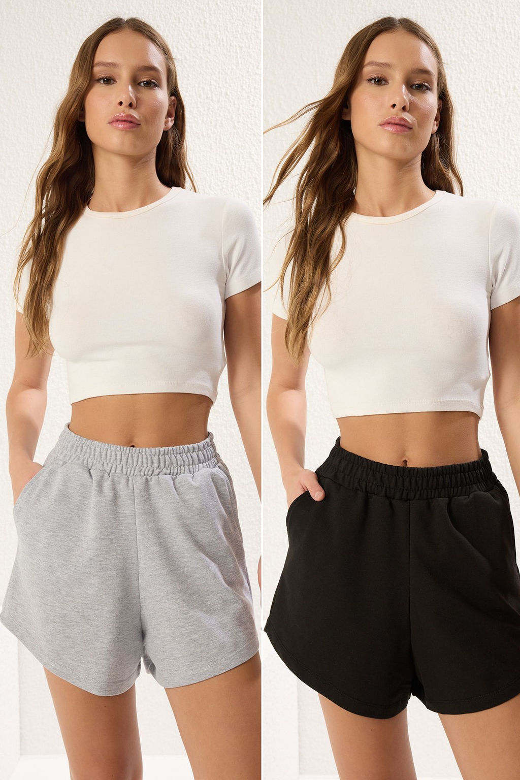Gri Melanj- Siyah 2Li Paket Relaxed/Rahat Kal?p K?sa Esnek Orme Sort & Bermuda TWOSS25SR00084