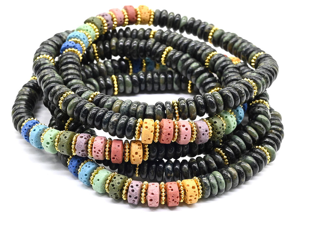 Браслет из яшмы зеленой диски 6*2мм со вставками из лавы, 16см