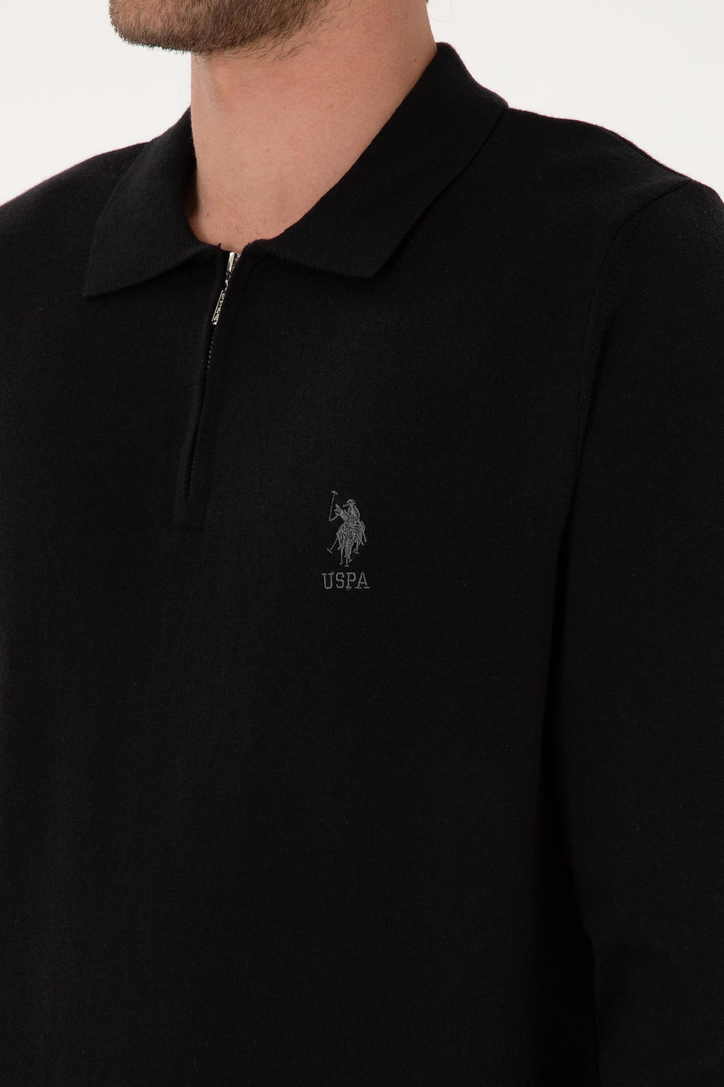 Erkek Slim Fit Yar_m Fermuarl_ Polo Yaka Siyah Kazak