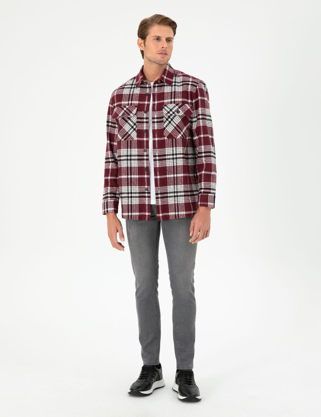 Bordo Klasik Yaka Oduncu _ift Cepli Oversize G_mlek Ceket