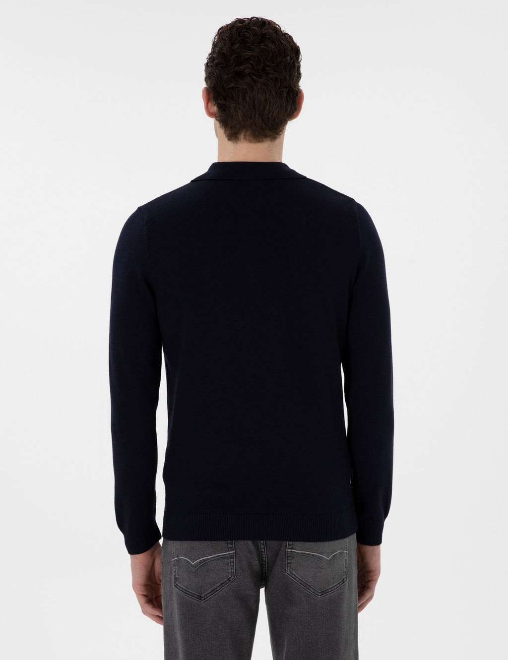 Lacivert Slim Fit Fermuarl_ Polo Yaka Basic Triko Kazak