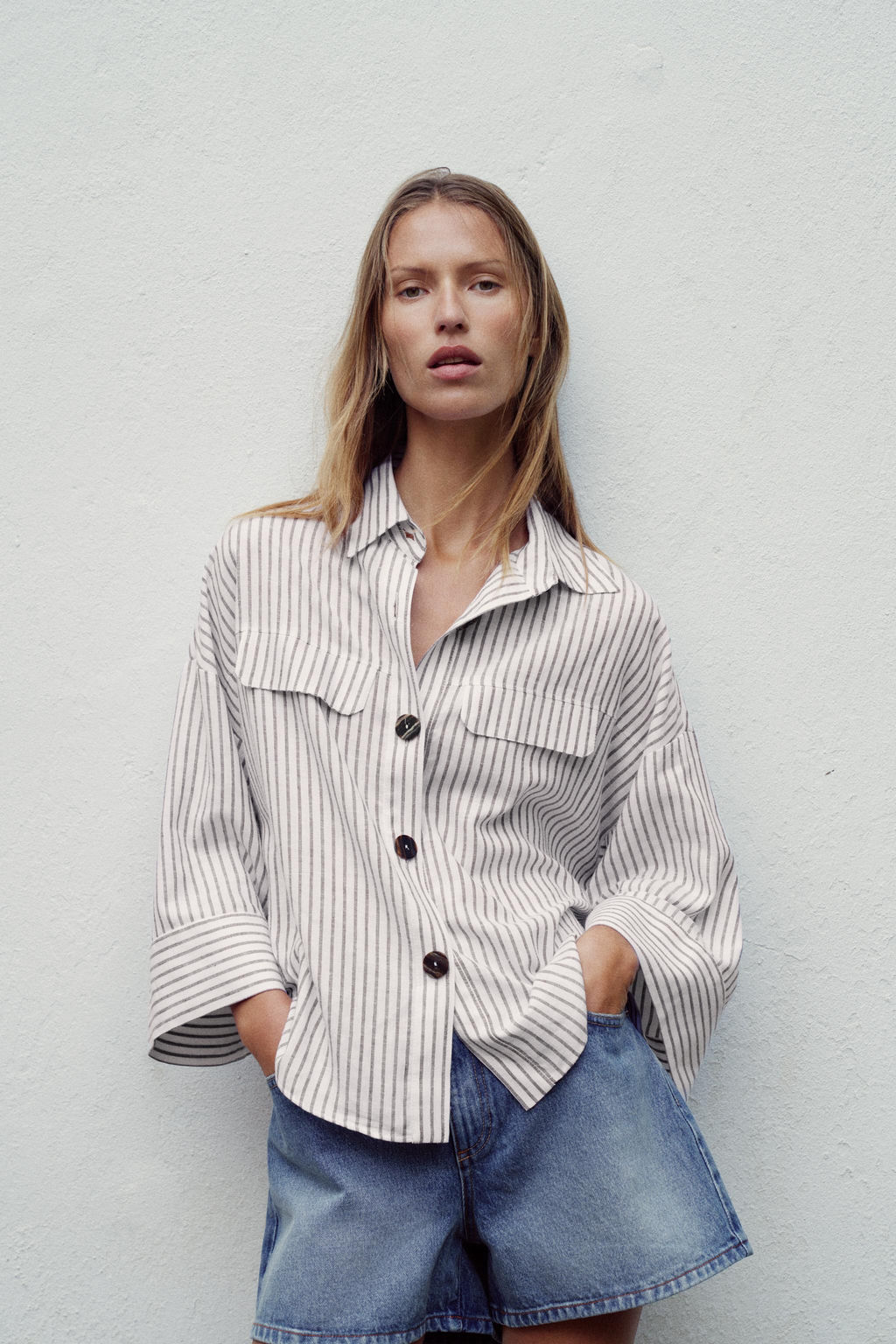CAMISA RAYAS CON LINO / marron/blanco