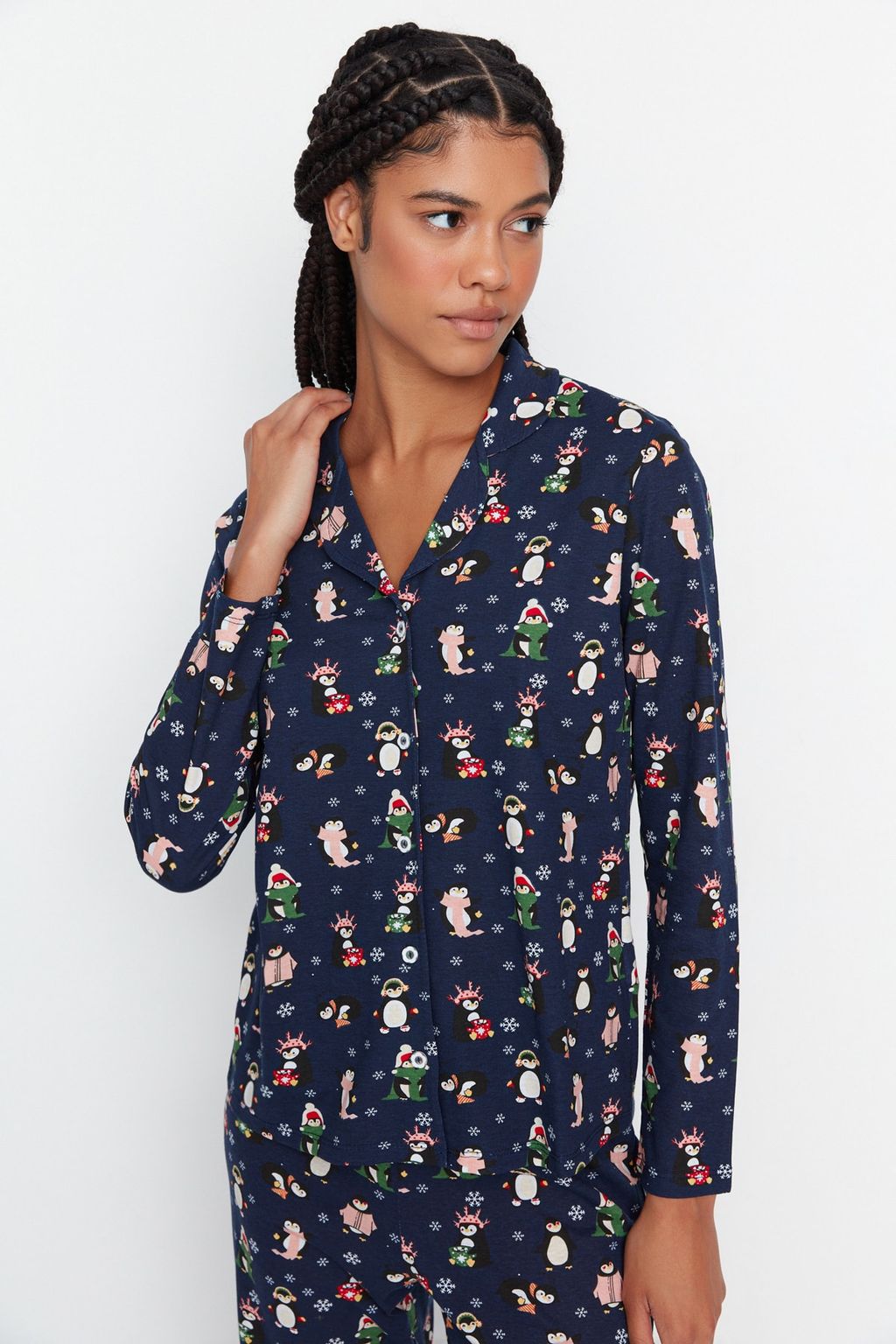 Yesil %100 Pamuklu Leopar Desenli Gomlek Pantolon Orme Pijama Tak?m? THMAW23PT00150