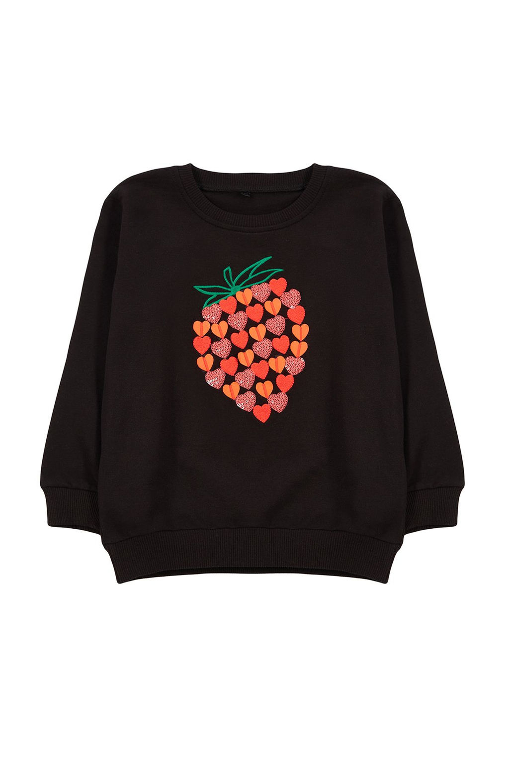 Siyah K?z Cocuk Mevsimlik-Ince Cilek Nak?sl? Bask?l? Orme Bisiklet Yaka Sweatshirt TKDAW25SW00001