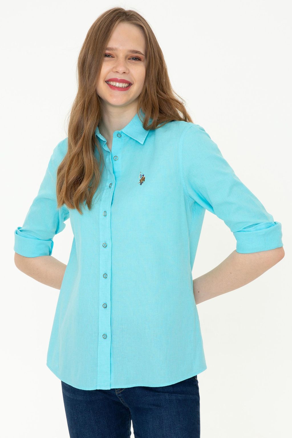 U. S. Polo Assn Женская базовая рубашка из льна с длинным рукавом бирюзового цвета - U.s. polo assn фото 2
