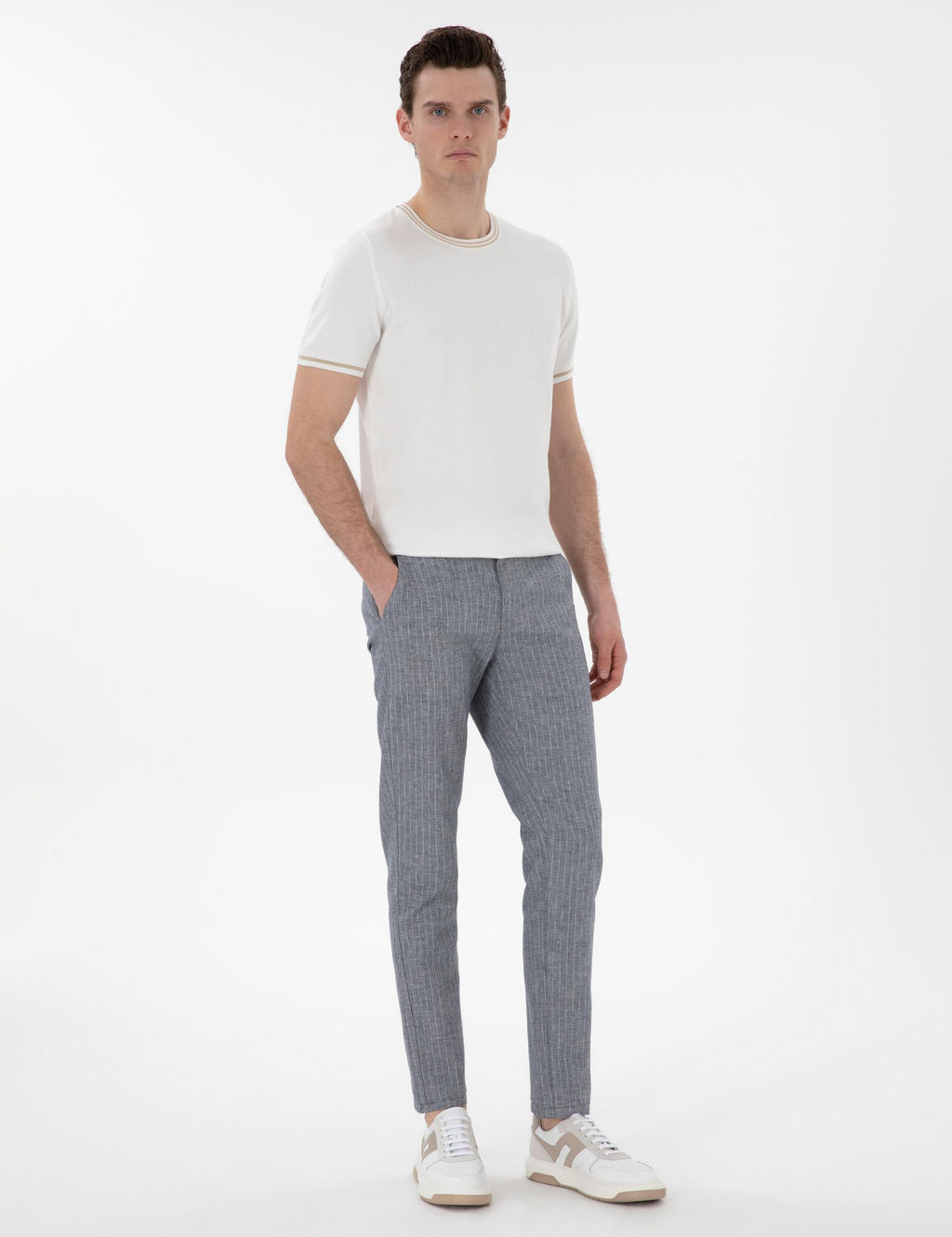 Lacivert Slim Fit Keten Kar___ml_ _izgili Kanvas Pantolon