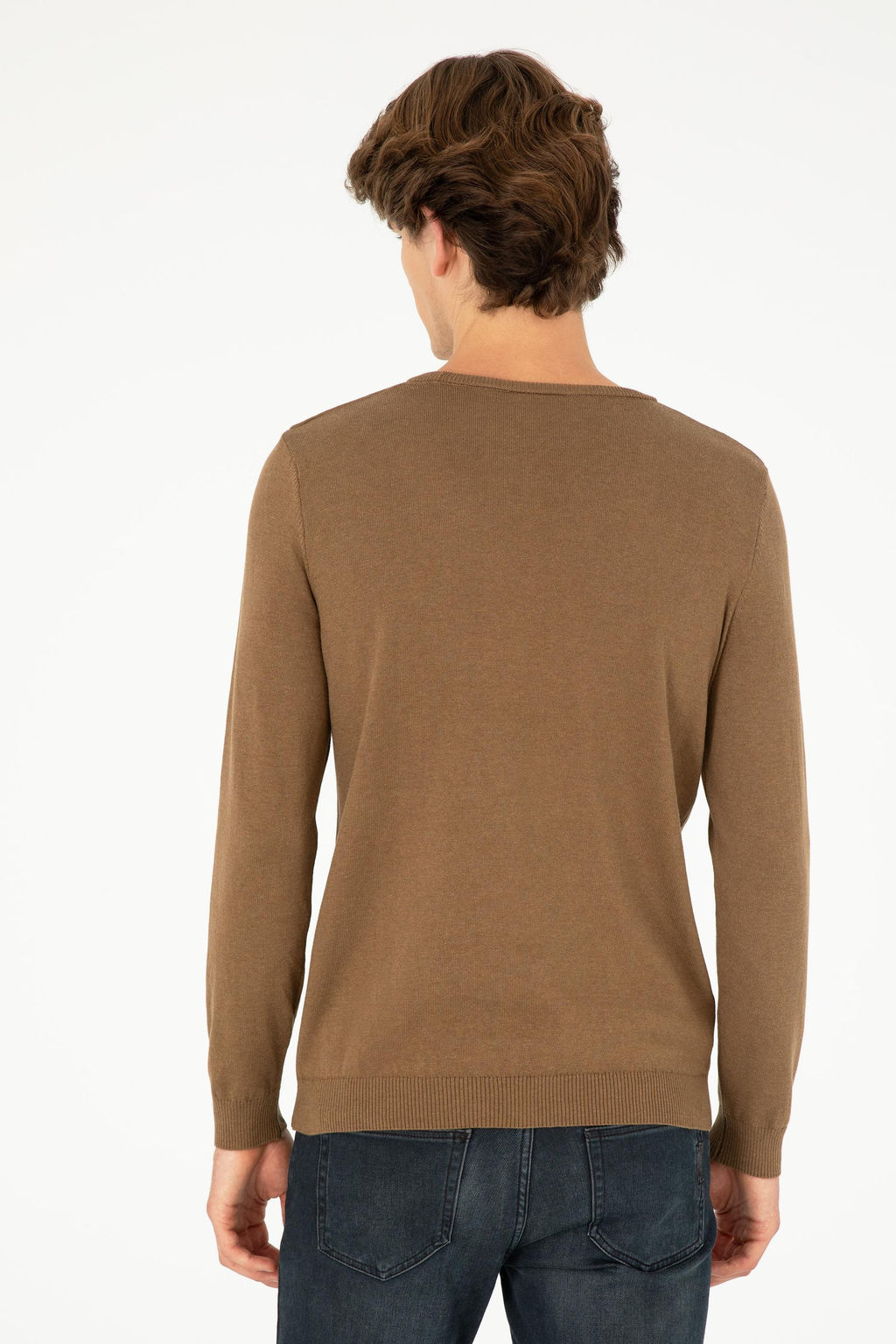 Erkek Slim Fit Bisiklet Yaka Haki Melanj Basic Kazak