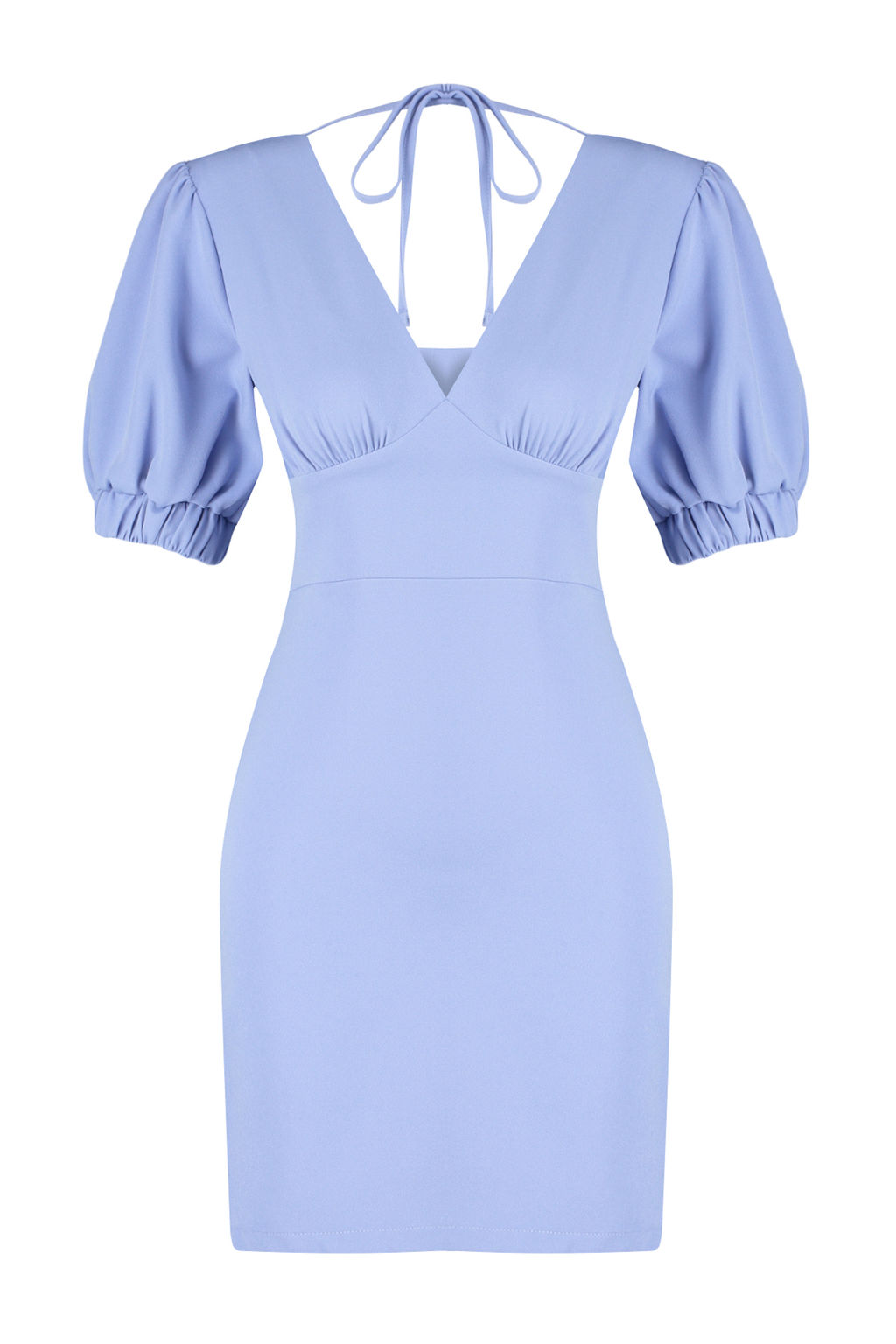 Mavi A Kesim S?rt Datayl? Balon Kollu Mini Dokuma Elbise TWOSS24EL00652