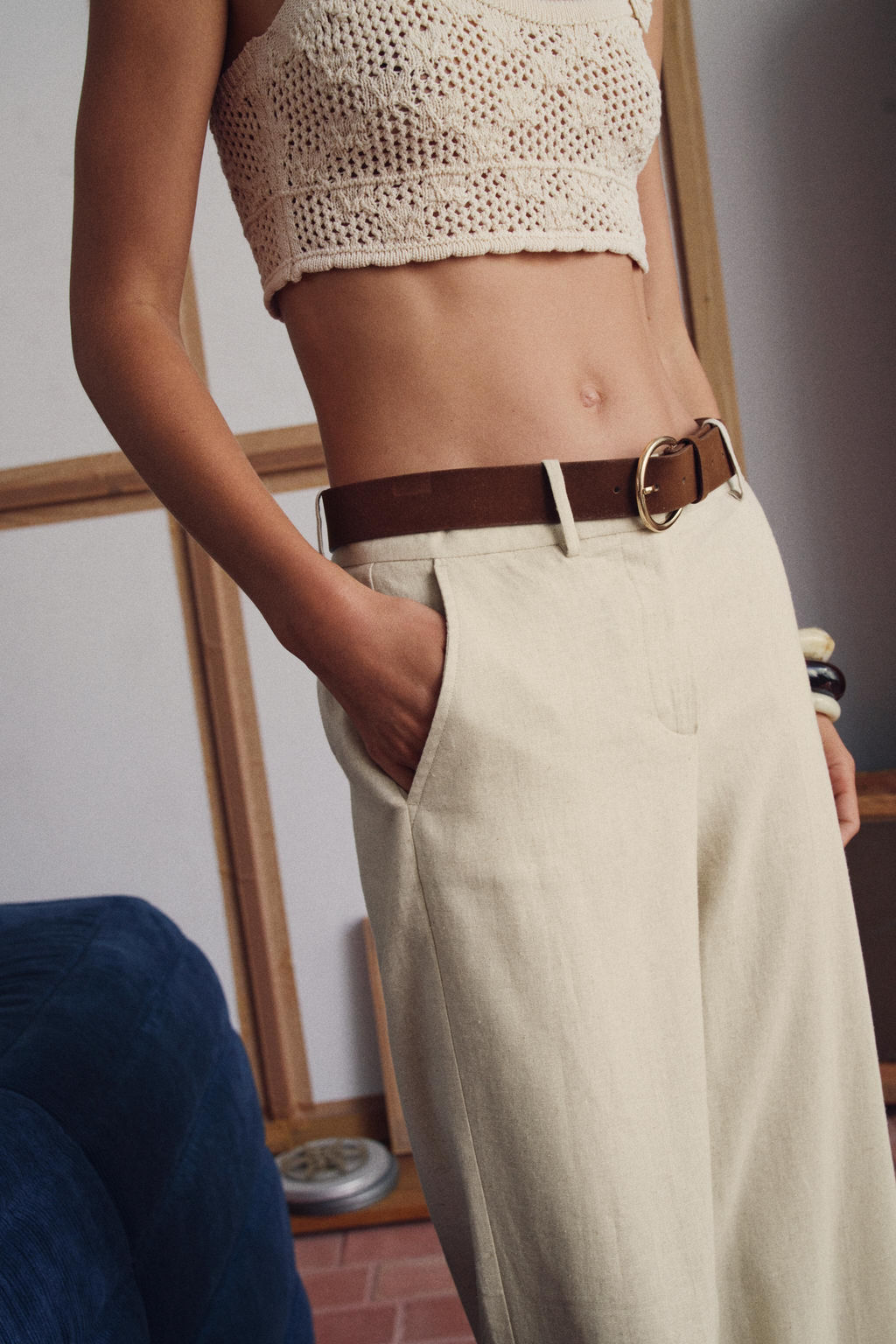 PANTAL?N CULOTTE CON LINO CINTUR?N / Beige claro
