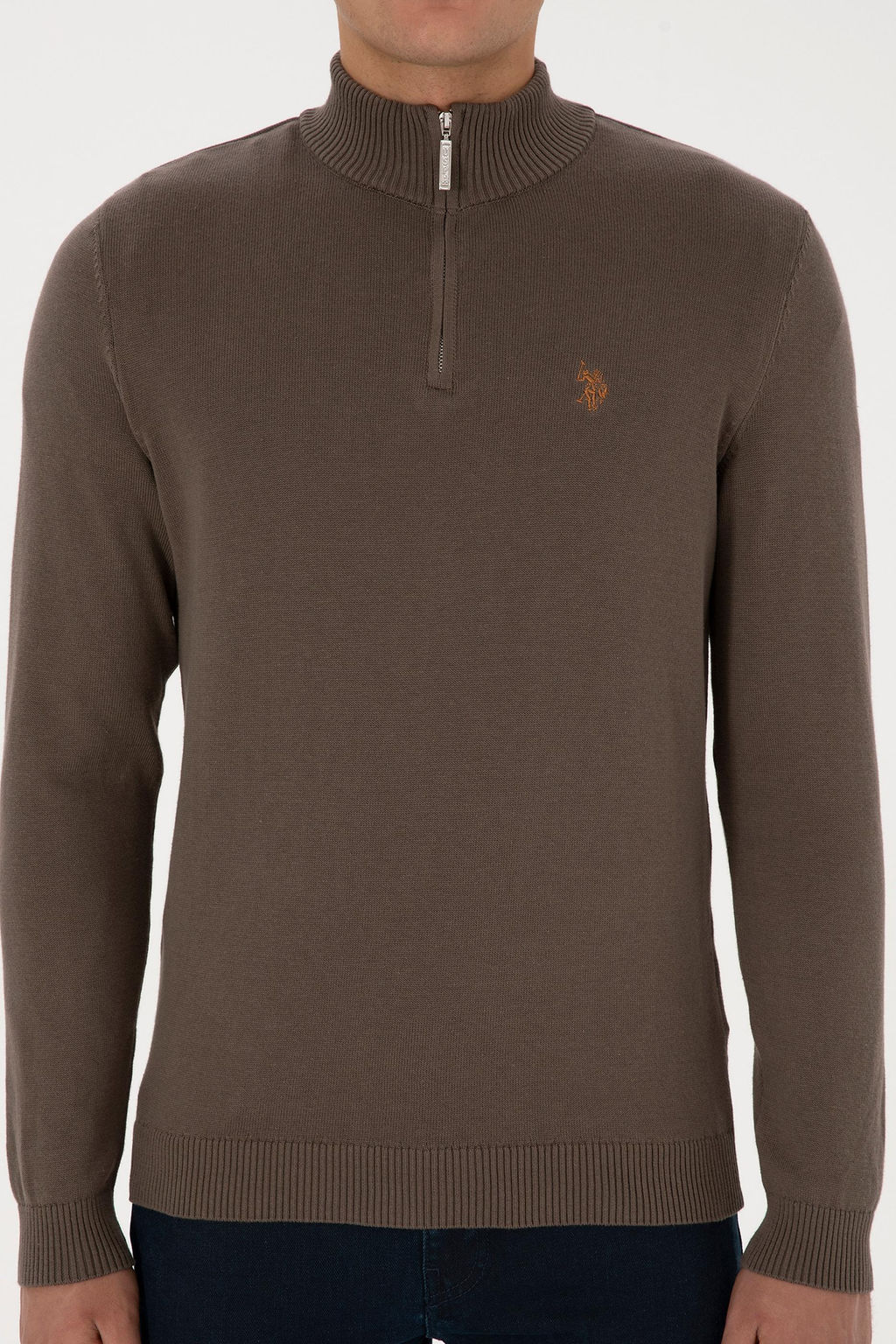 Erkek Slim Fit Yar_m Fermuarl_ Vizon Basic Kazak
