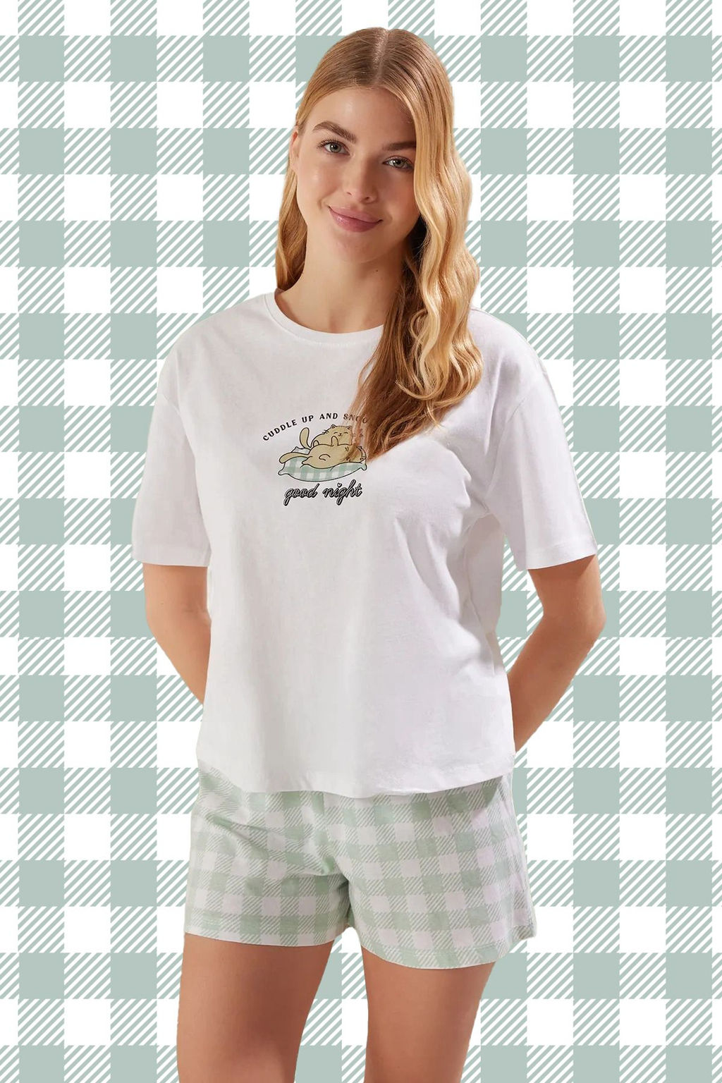 Trendyolmilla Mint %100 Pamuklu Ekoseli Sortlu Orme Pijama Tak?m? THMSS25PT00182