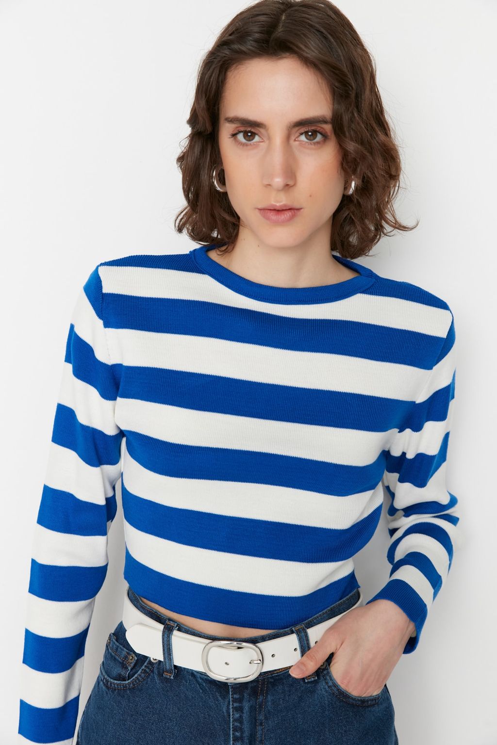 Bordo Crop Basic Cizgili Triko Kazak TWOAW23KZ00034 - Trendyolmilla фото 11