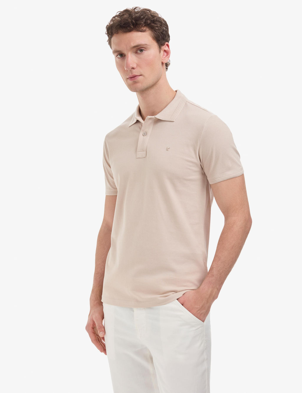 Koyu Bej Slim Fit %100 Pamuk D__meli Polo Yaka Basic Ti__rt
