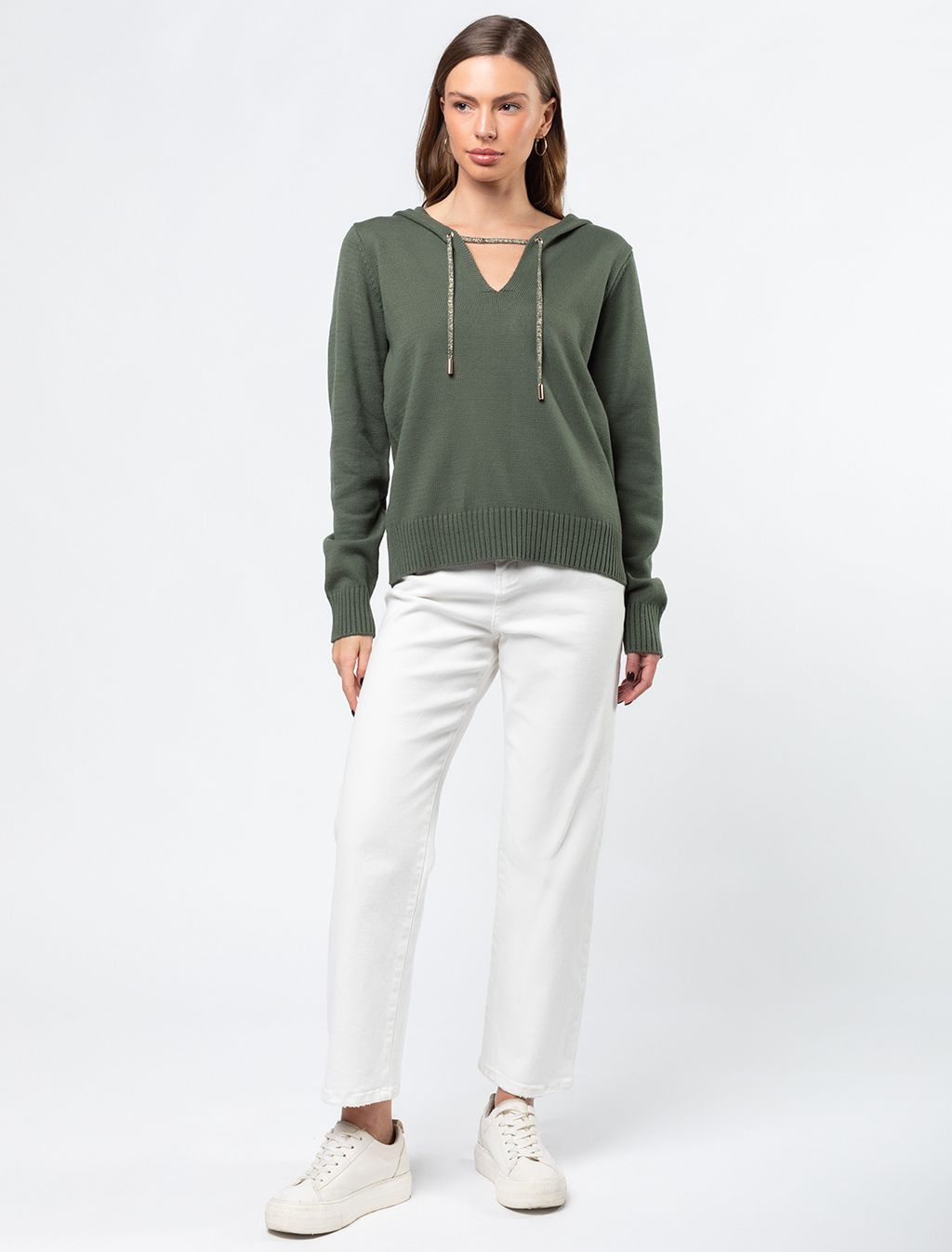 VILATTE / Вязаное худи из хлопка со шнуром с люрексом и золотистыми наконечниками  фото 4