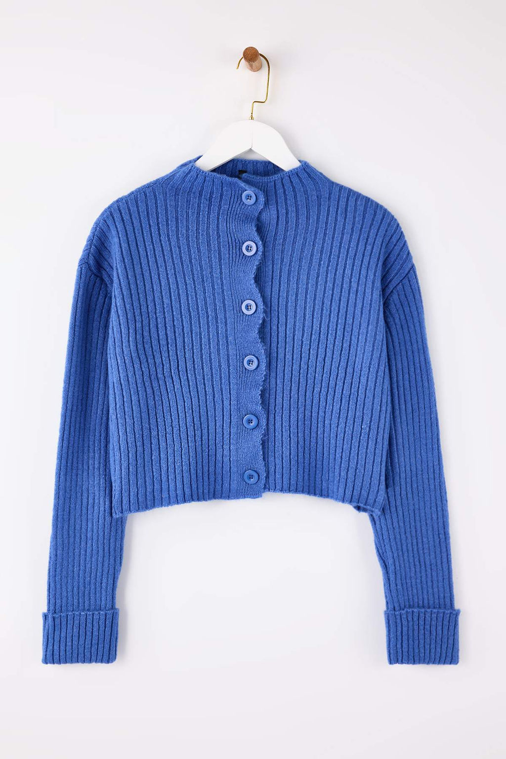 Mavi Crop Yumusak Dokulu Dik Yaka Triko H?rka TWOAW22HI0174