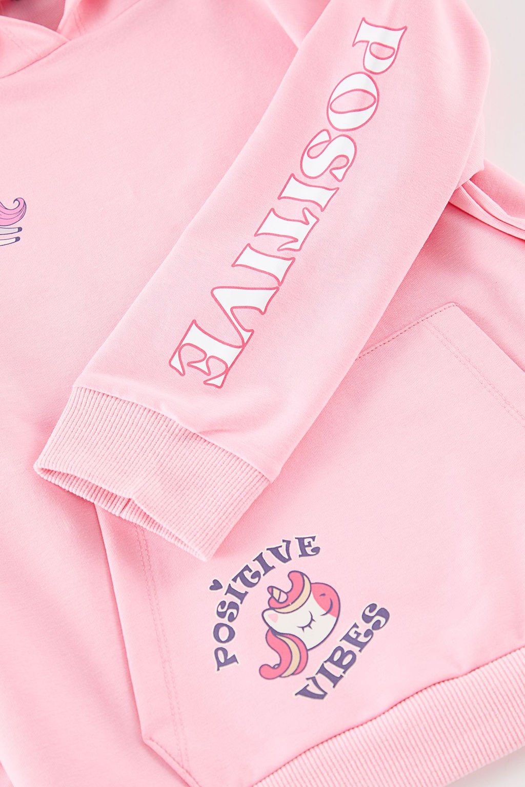 Ac?k Pembe Kapusonlu Mevsimlik Kol Bask?l? K?z Cocuk Duz Orme Sweatshirt TKDAW25SW00130 - Trendyolmilla фото 2