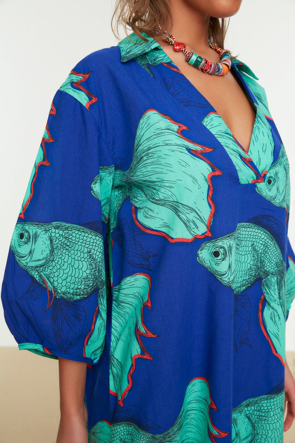 TRENDYOLMILLA Bal?k Desenli Genis Kal?p Dokuma %100 Pamuk Midi Plaj Elbisesi TBESS22EL0009 фото 7