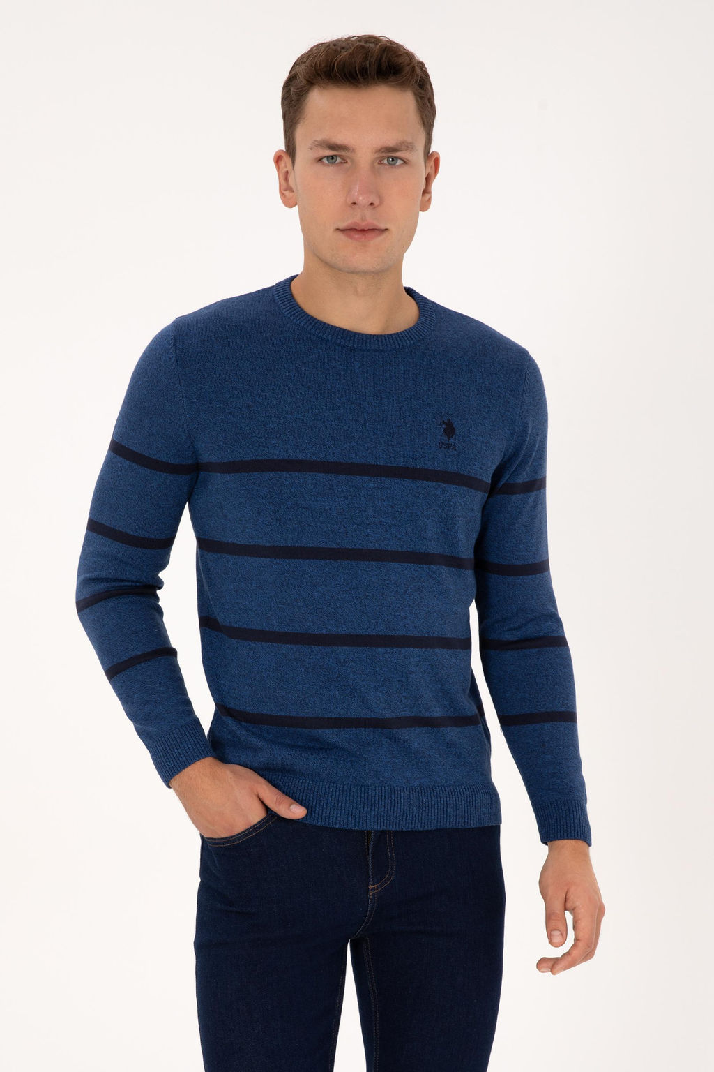 Erkek Slim Fit Bisiklet Yaka _izgili A__k Lacivert Kazak - U.s. polo assn фото 3