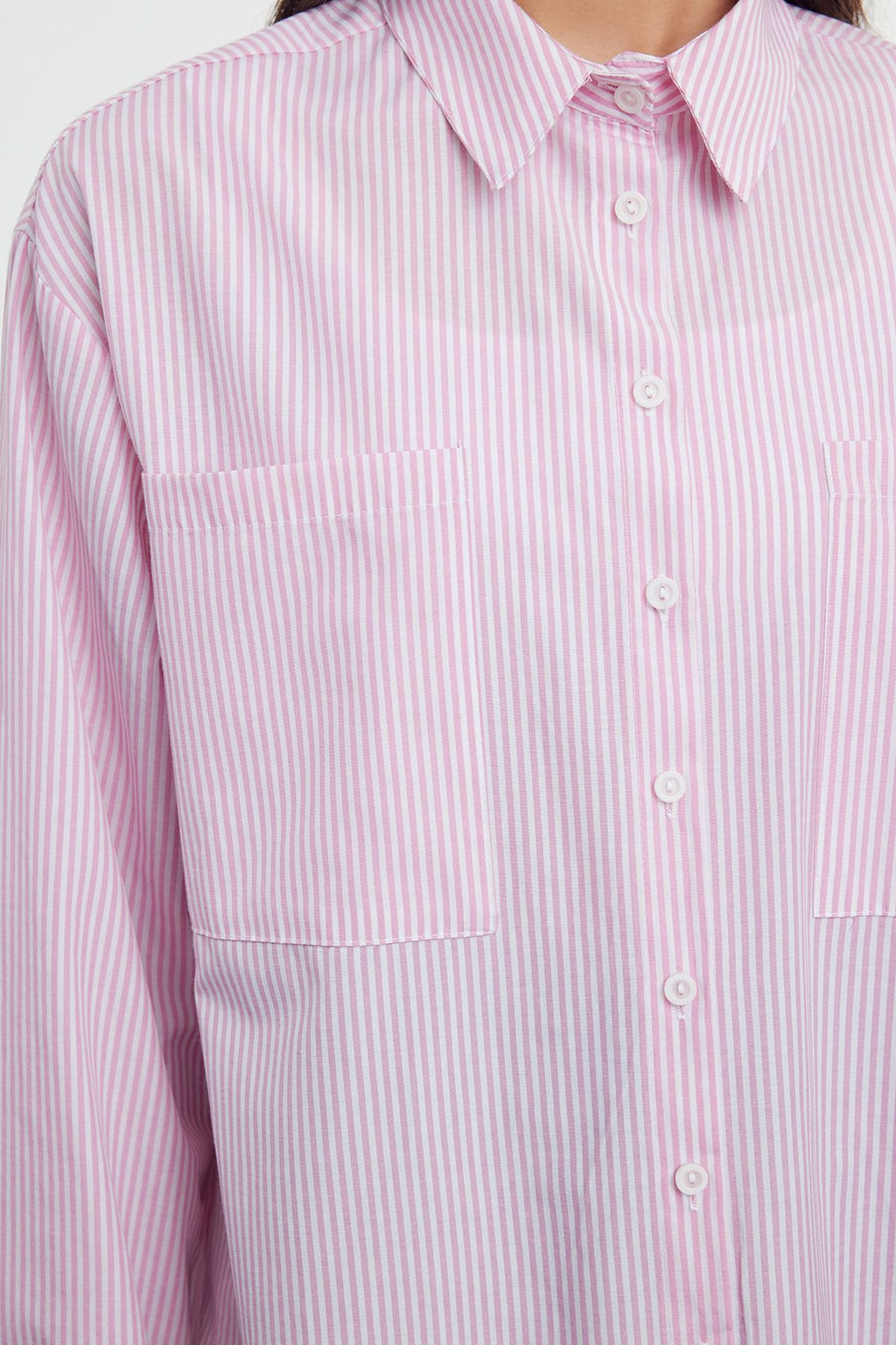 Pembe Cizgili Oversize Dokuma Gomlek TWOAW23GO00359