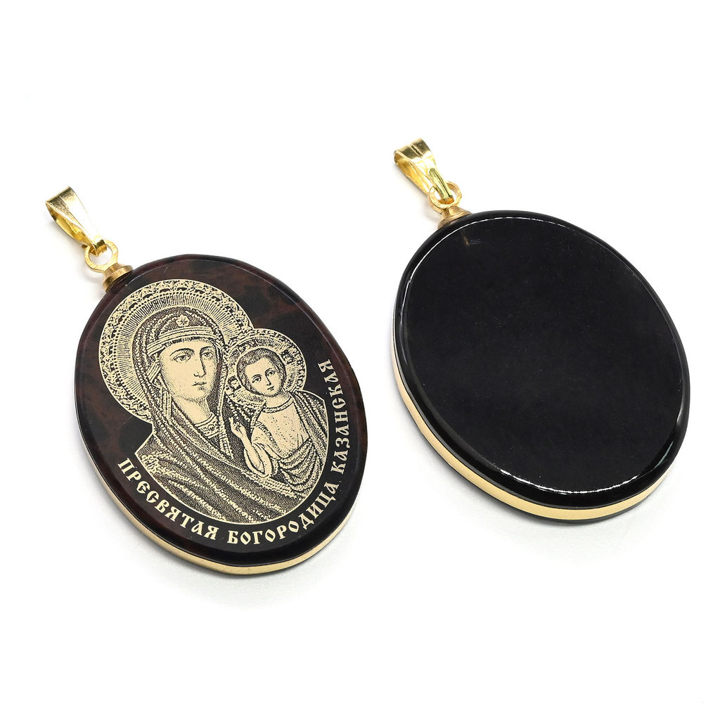 Кулон из обсидиана овал с окантовкой " Богородица Казанская" 20*30мм