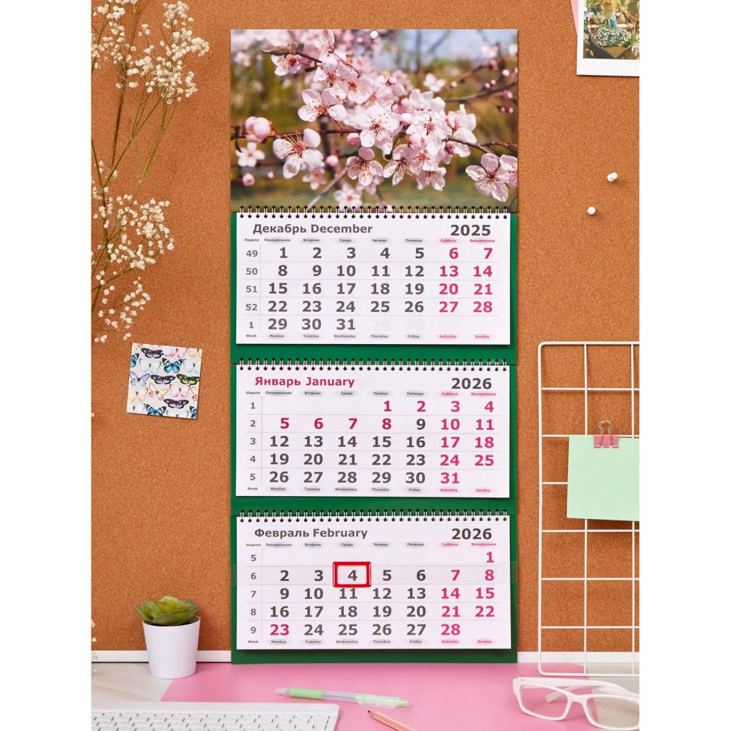 Календарь настенный 3-х блочный 2026 Attache, 305х675, Цветы, 80г/м2  фото 2