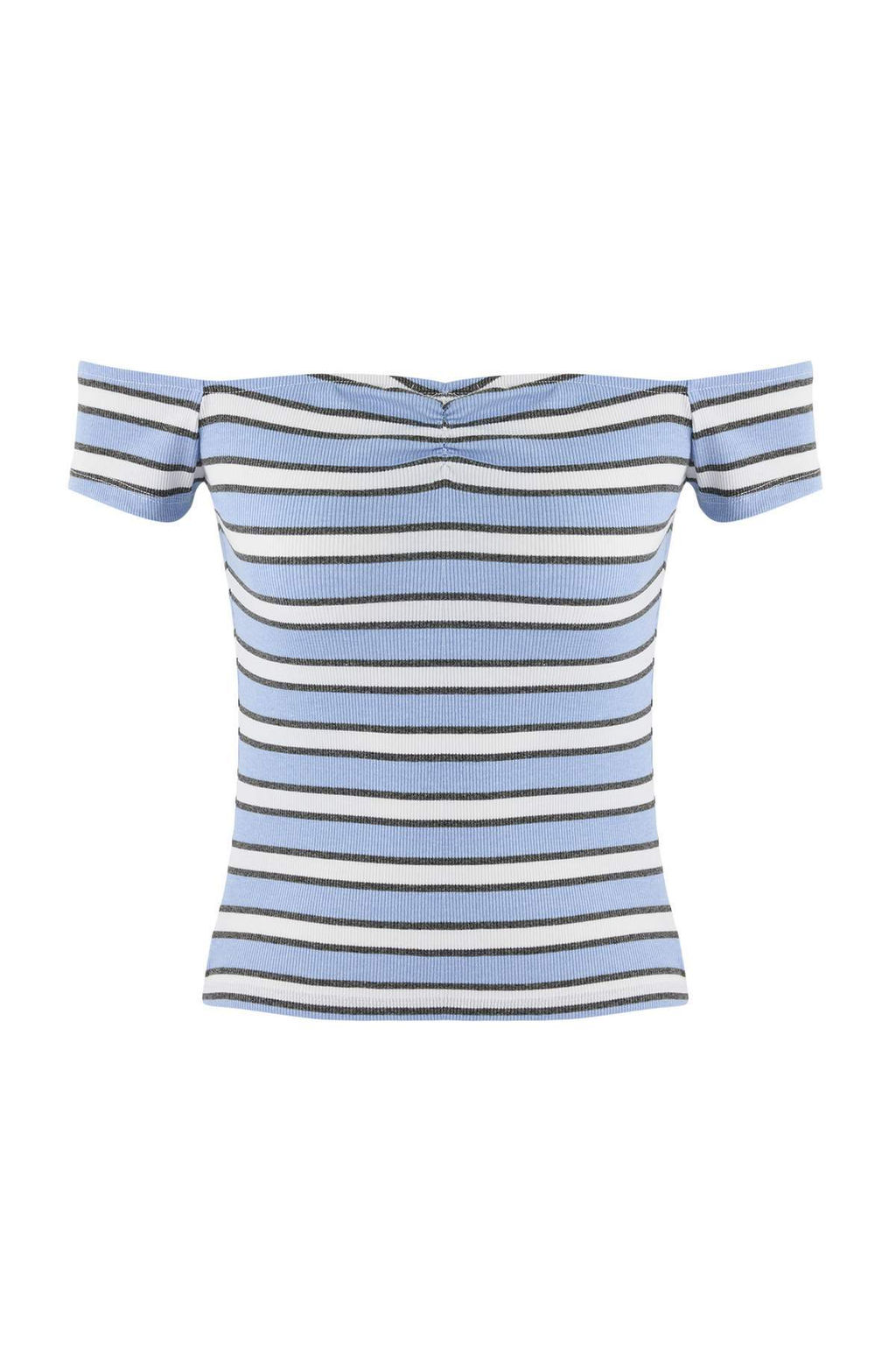 Mavi Cizgili Fitted/Vucuda Oturan Carmen Yaka Buzgulu Fitilli Esnek Orme Bluz TWOSS26BZ00074