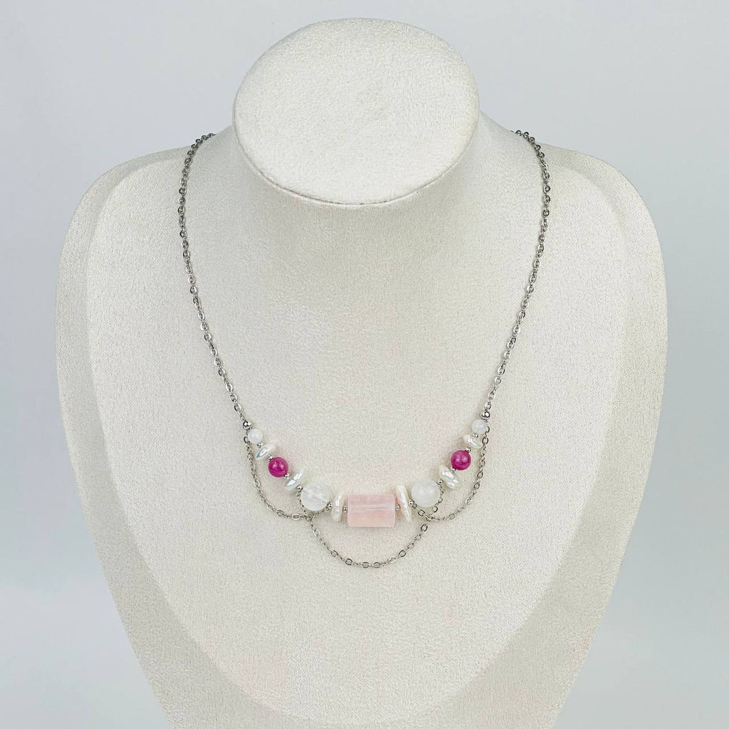 Колье на цепочке из Розового кварца, Лунного камня и Жемчуга 40 см +
