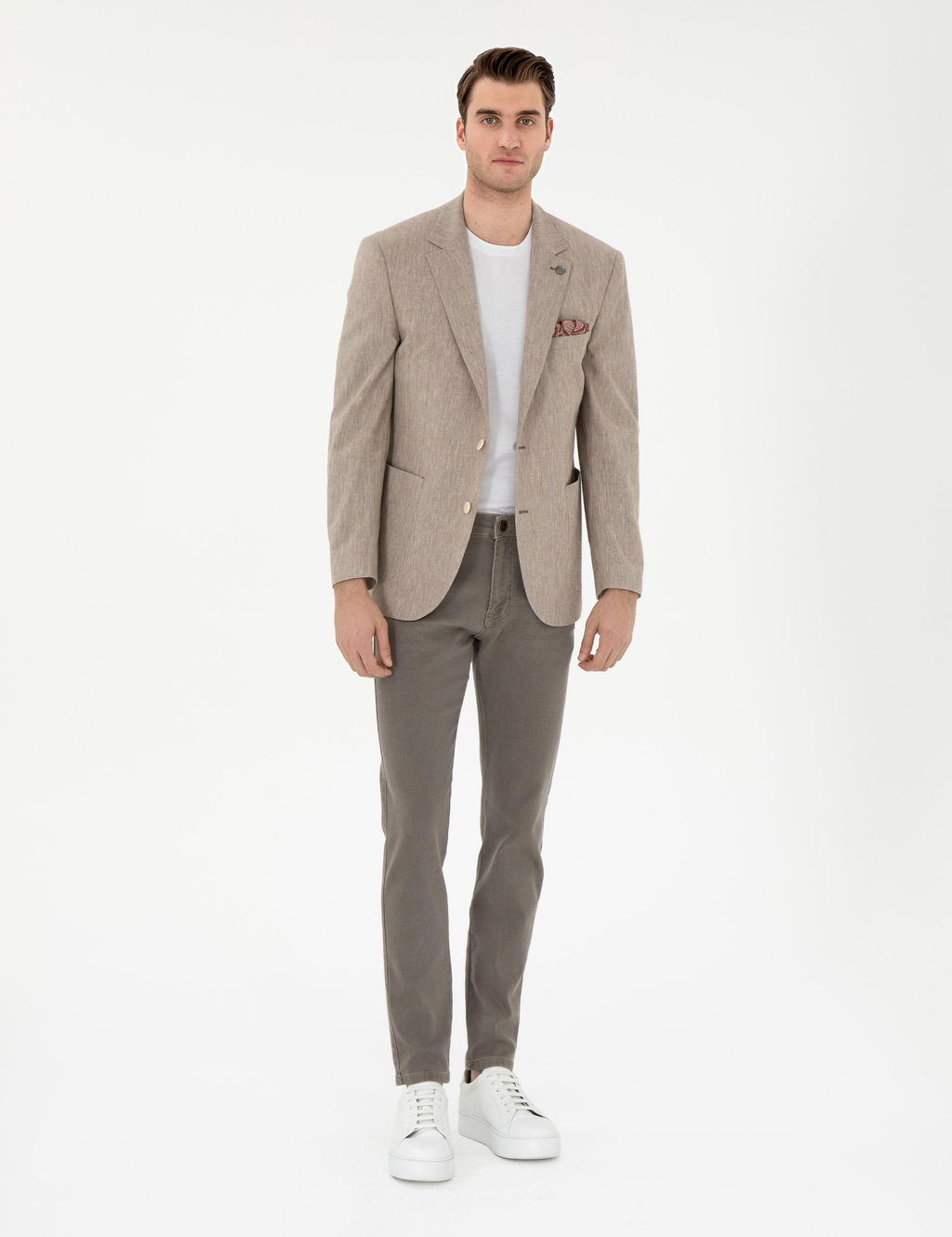 A__k Kahverengi Ex. Slim Fit Keten Kar___ml_ Ceket