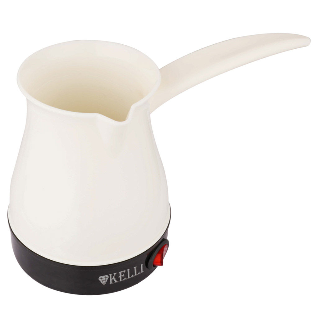 Турка электрическая "Kelli" 400мл, скрытый дисковой нагревательный элемент, защита от включения без воды и перегрева, световой индикатор работы, мощность: 750-800 Вт, электропитание 220-240 Вт, 50/60Гц, 20,8х11х13,5см, белый (Китай)