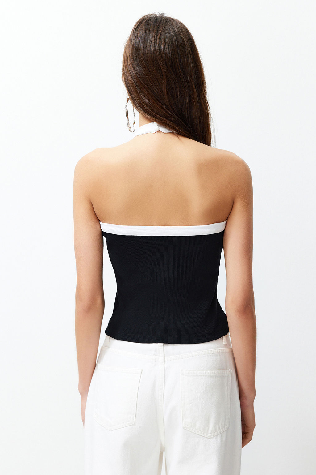 Siyah Renk Bloklu Boyundan Baglamal? Fitilli Esnek Orme Bluz TWOSS24BZ00162