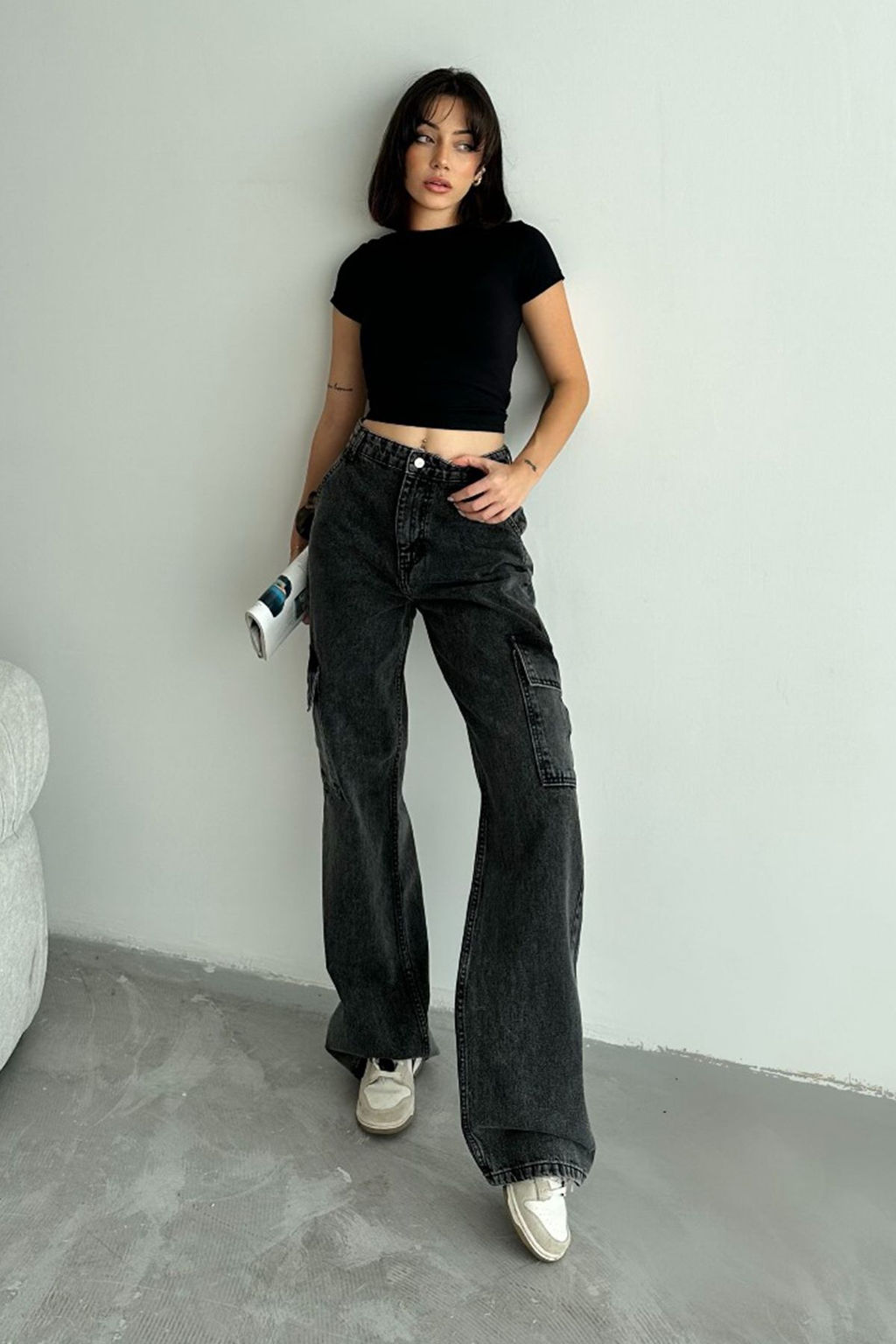 Antrasit Kargo Cepli Yuksek Bel Wide Leg Jeans TWOAW25JE00369