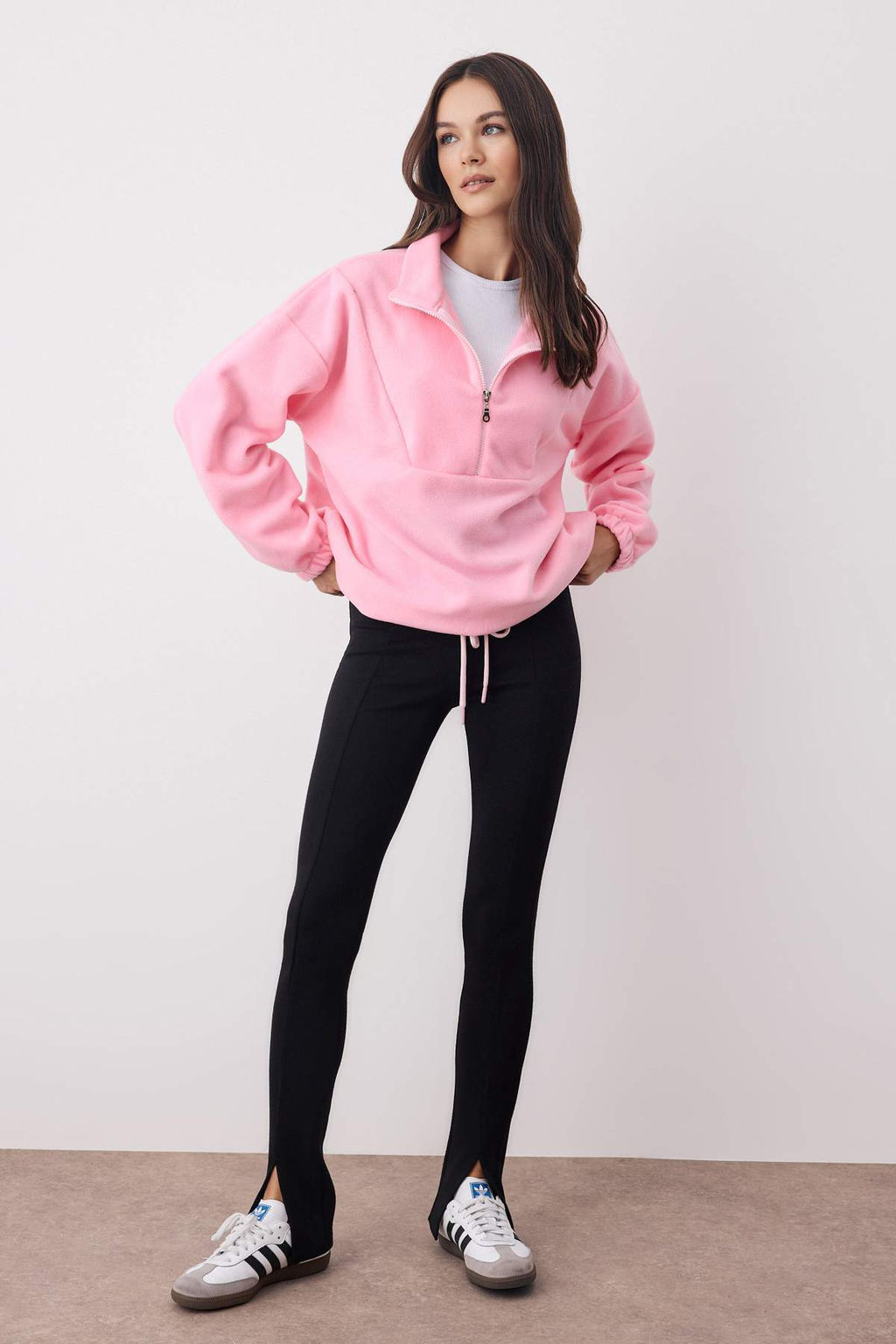 Ac?k Pembe Fermuar Detayl? Polar Orme Sweatshirt TWOAW21SW0758