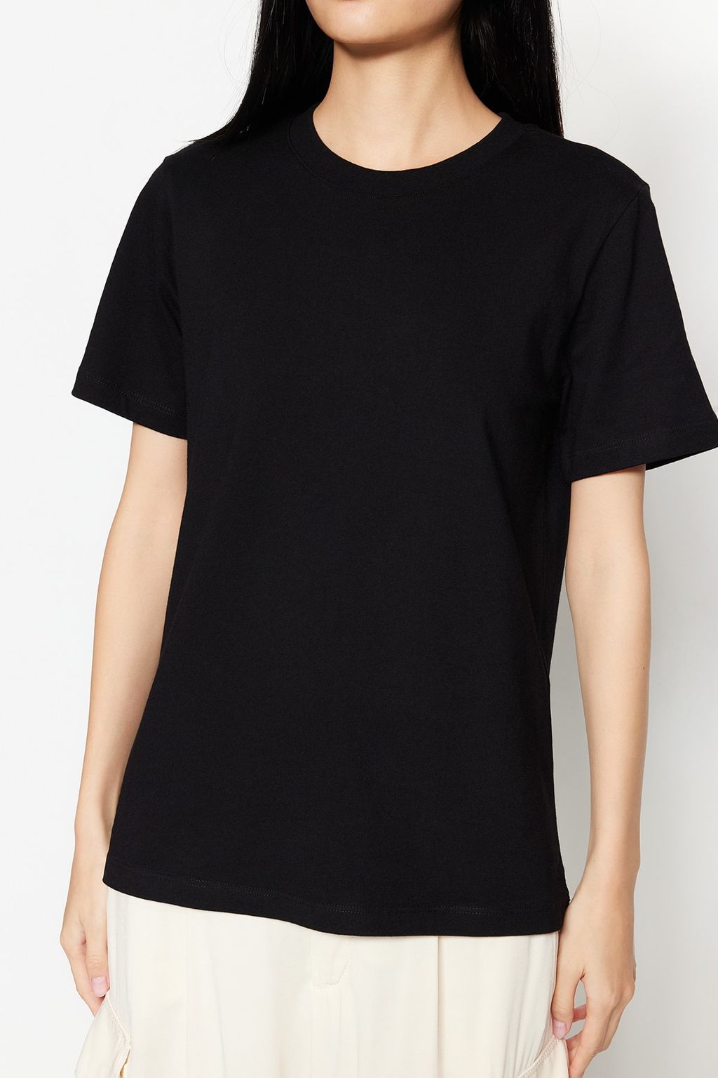 TRENDYOLMILLA Ekru %100 Pamuk Premium Basic Bisiklet Yaka Orme T-Shirt TWOSS23TS00042  фото 9