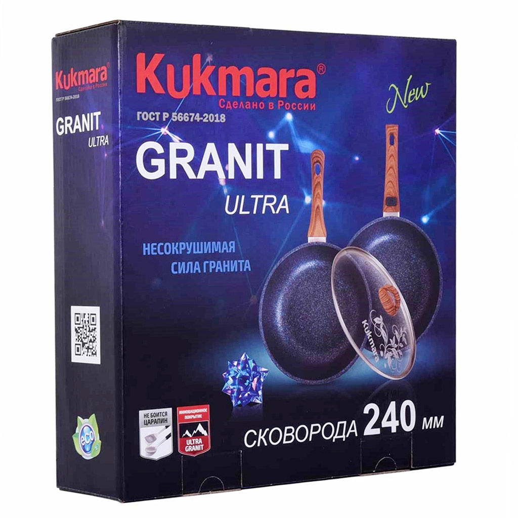 Сковорода с тефлоновым покрытием д24см Granit Ultra, h6см, ручка из термостойкого пластика 17см, стеклянная жаропрочная крышка, гранитный (Россия) - можно использовать металлические кухонные принадлежности - Домашняя мода фото 5