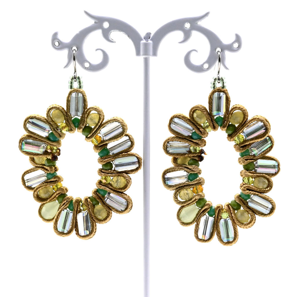 Серьги ручной работы Солнце с цирконами в оплетении цв.горчичный