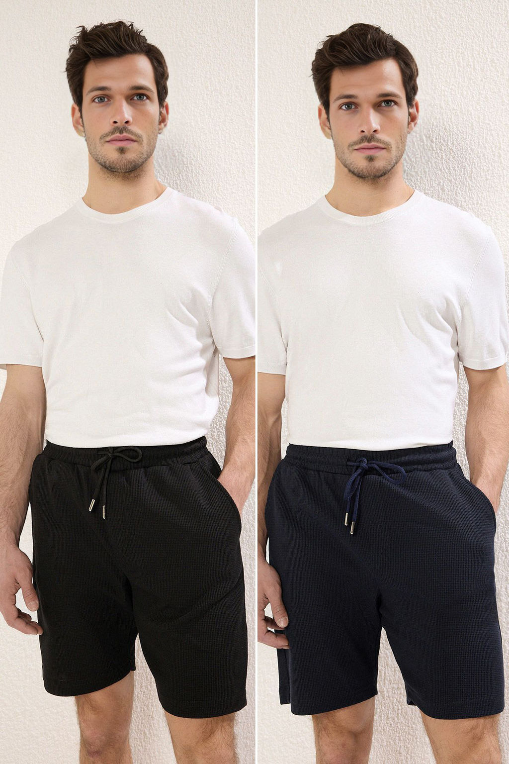 TRENDYOL MAN 2li Paket Siyah-Gri Regular/Normal Kesim Dokulu Kordonlu Sort & Bermuda TMNSS23SR00076
