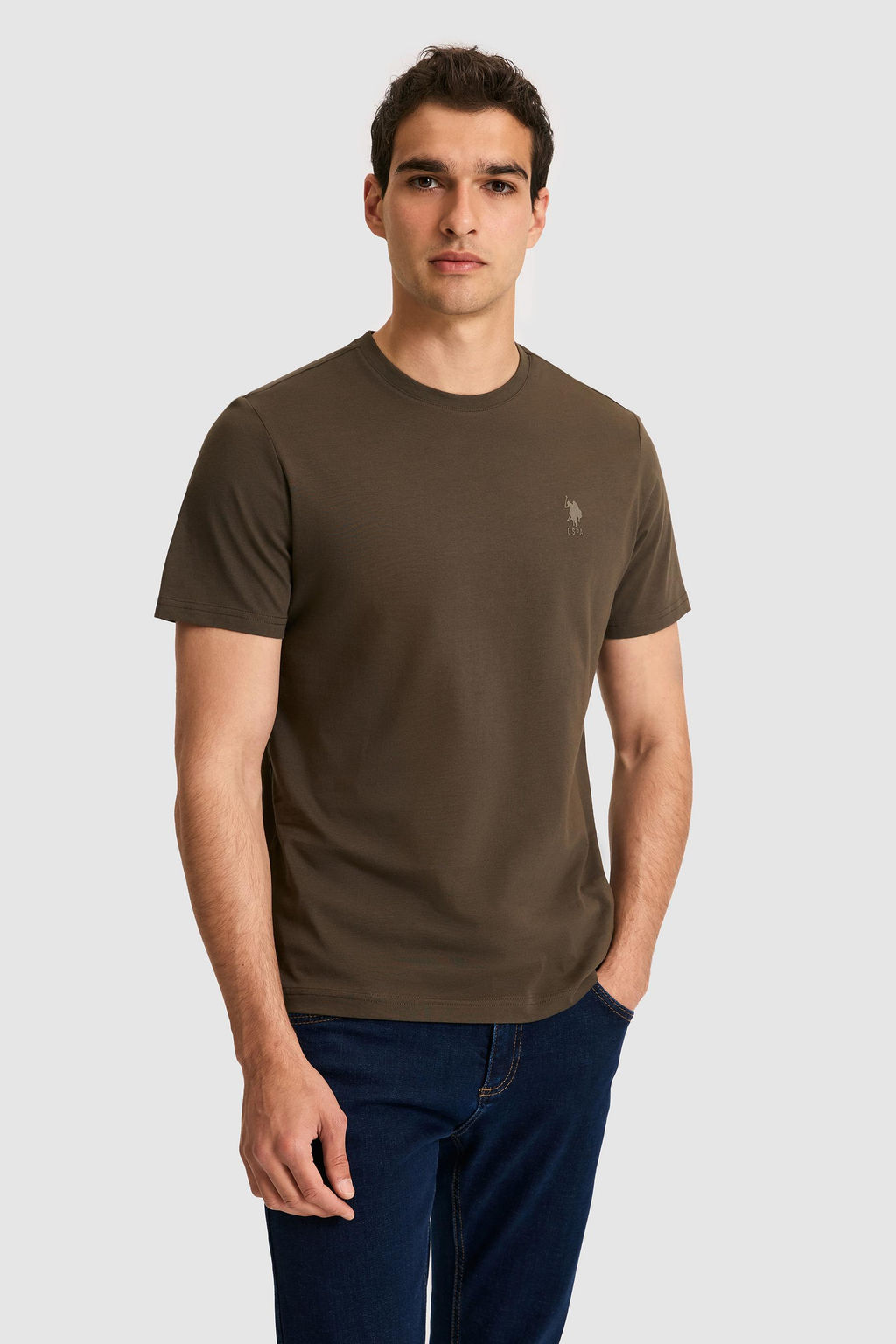 Erkek Regular Fit Bisiklet Yaka Koyu Haki Basic Ti__rt