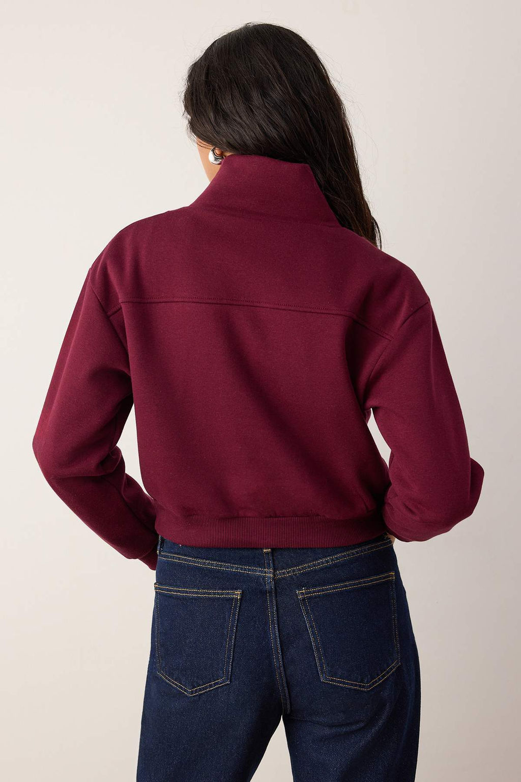 Bordo Kal?n Ici Polarl? Dik Yaka Yar?m Pat Fermuar? Crop Orme Sweatshirt TWOAW26SW00233