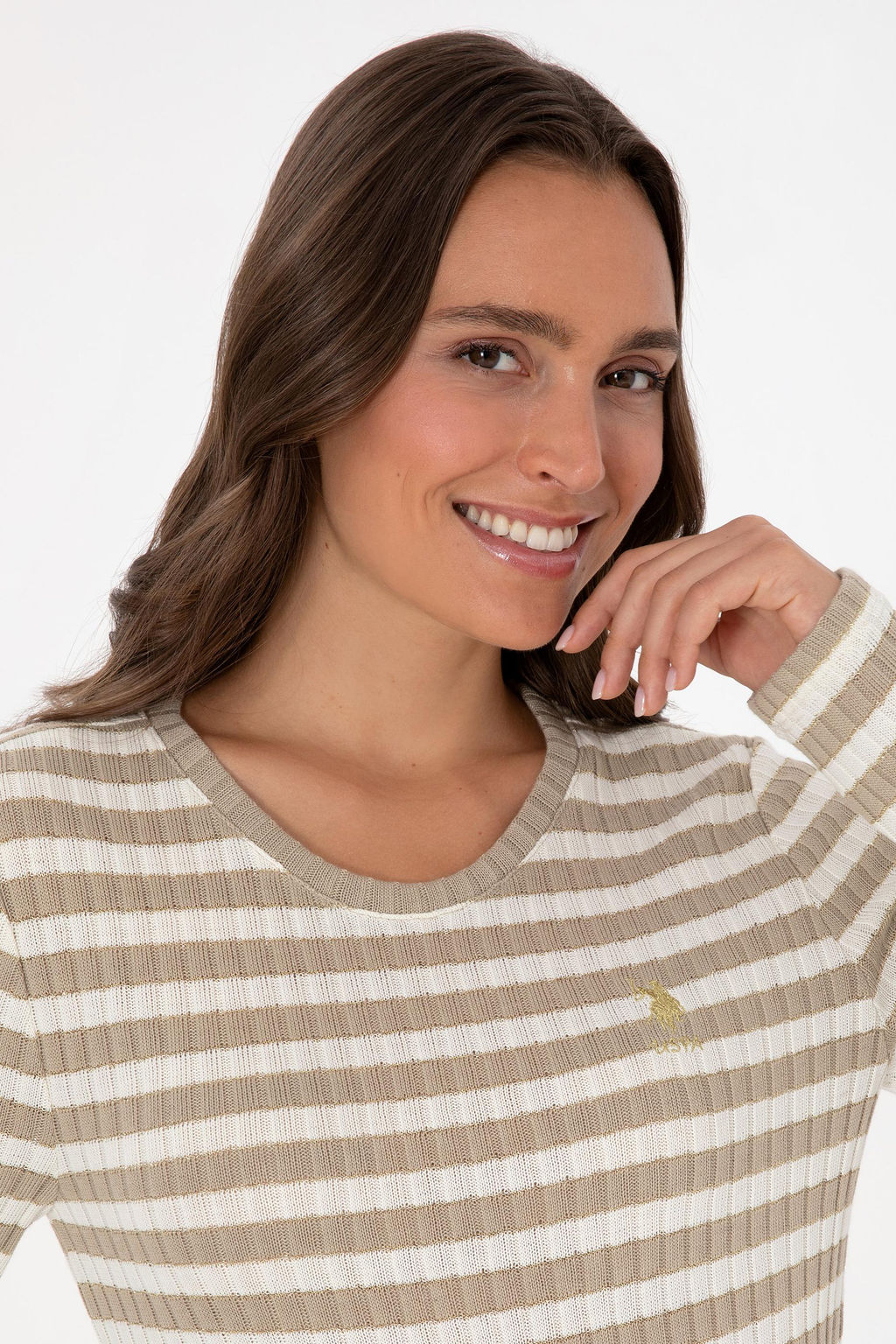 Kad_n Koyu Bej _izgili Bisiklet Yaka Sweatshirt
