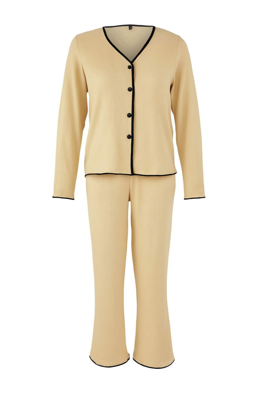Bej Dugmeli ve Biyeli Dokulu Burumcuk Orme Pijama Tak?m? THMAW26PT00097